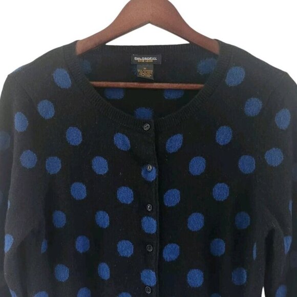 Philosophy Dane Lewis Cashmere Black Blue Polkadot Button Front Sweater Size M - Picture 2 of 7
